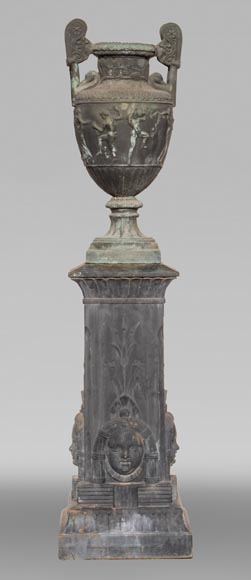 Greek style vase and its egyptian base, cast iron Greek style vase and its egyptian base, cast iron-0