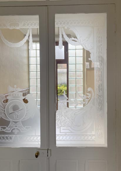 Triple oak door with beautiful sandblasted glass decoration Triple oak door with beautiful sandblasted glass decoration-3