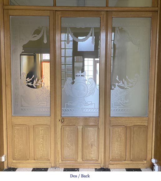 Triple oak door with beautiful sandblasted glass decoration Triple oak door with beautiful sandblasted glass decoration-6