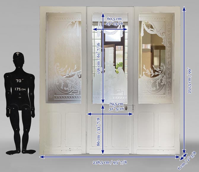 Triple oak door with beautiful sandblasted glass decoration Triple oak door with beautiful sandblasted glass decoration-7