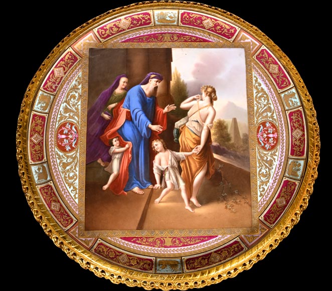 Gilt bronze guéridon with painted porcelain plaque, after Adrian VAN DER WERFF, “The Dismissal of Hagar” Gilt bronze guéridon with painted porcelain plaque, after Adrian VAN DER WERFF, “The Dismissal of Hagar”-2
