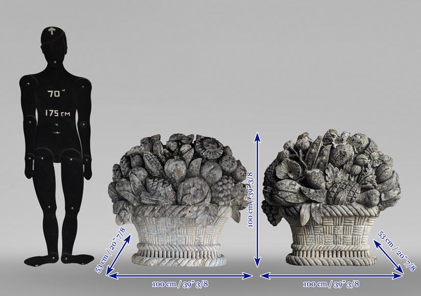 Important pair of carved stone fruit baskets Important pair of carved stone fruit baskets-13