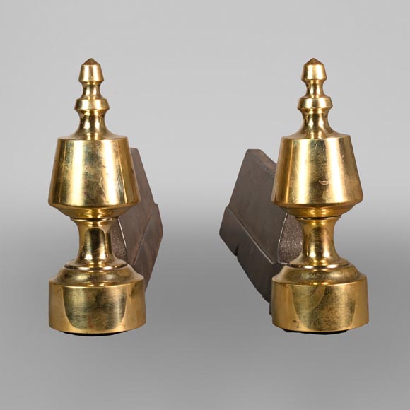 Pair of cast iron and polished bronze andirons Pair of cast iron and polished bronze andirons-0