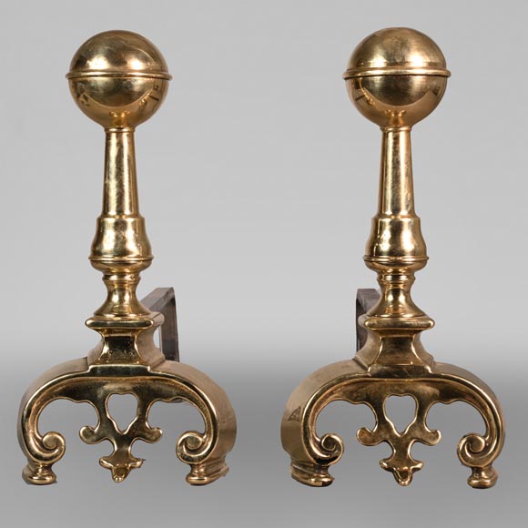 Pair of cast iron and polished bronze andirons Pair of cast iron and polished bronze andirons-0