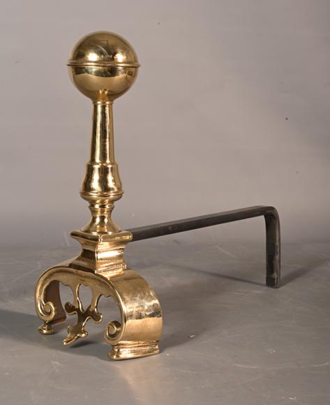 Pair of cast iron and polished bronze andirons Pair of cast iron and polished bronze andirons-1