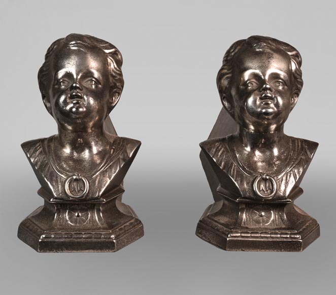 Pair of andirons with child busts Pair of andirons with child busts-0