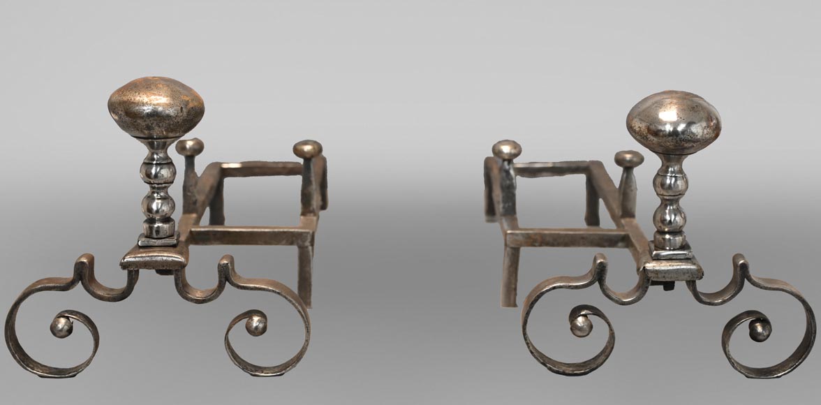 Pair of scrolled andirons topped with a ball Pair of scrolled andirons topped with a ball-0
