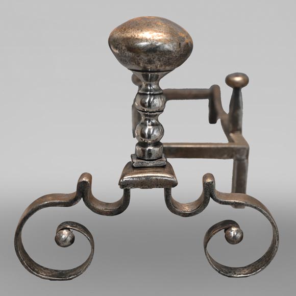 Pair of scrolled andirons topped with a ball Pair of scrolled andirons topped with a ball-1
