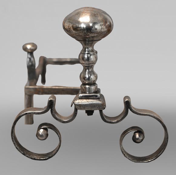 Pair of scrolled andirons topped with a ball Pair of scrolled andirons topped with a ball-2