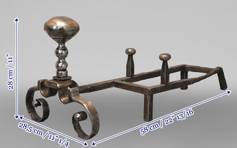 Pair of scrolled andirons topped with a ball Pair of scrolled andirons topped with a ball-5
