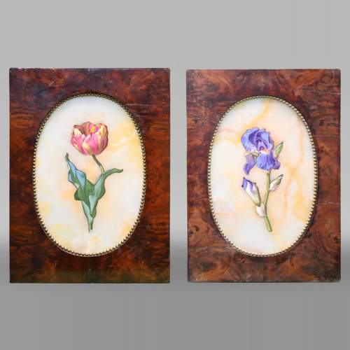 Julien Nicolas RIVART, Two Alabaster Panels Inlaid with a Tulip and an Iris in Porcelain, after 1849
