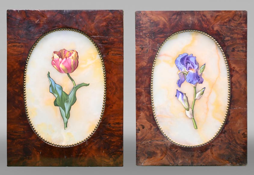Julien Nicolas RIVART, Two Alabaster Panels Inlaid with a Tulip and an Iris in Porcelain, after 1849 Julien Nicolas RIVART, Two Alabaster Panels Inlaid with a Tulip and an Iris in Porcelain, after 1849-0