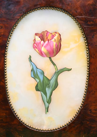 Julien Nicolas RIVART, Two Alabaster Panels Inlaid with a Tulip and an Iris in Porcelain, after 1849 Julien Nicolas RIVART, Two Alabaster Panels Inlaid with a Tulip and an Iris in Porcelain, after 1849-1