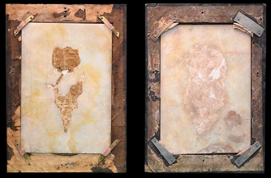 Julien Nicolas RIVART, Two Alabaster Panels Inlaid with a Tulip and an Iris in Porcelain, after 1849 Julien Nicolas RIVART, Two Alabaster Panels Inlaid with a Tulip and an Iris in Porcelain, after 1849-9