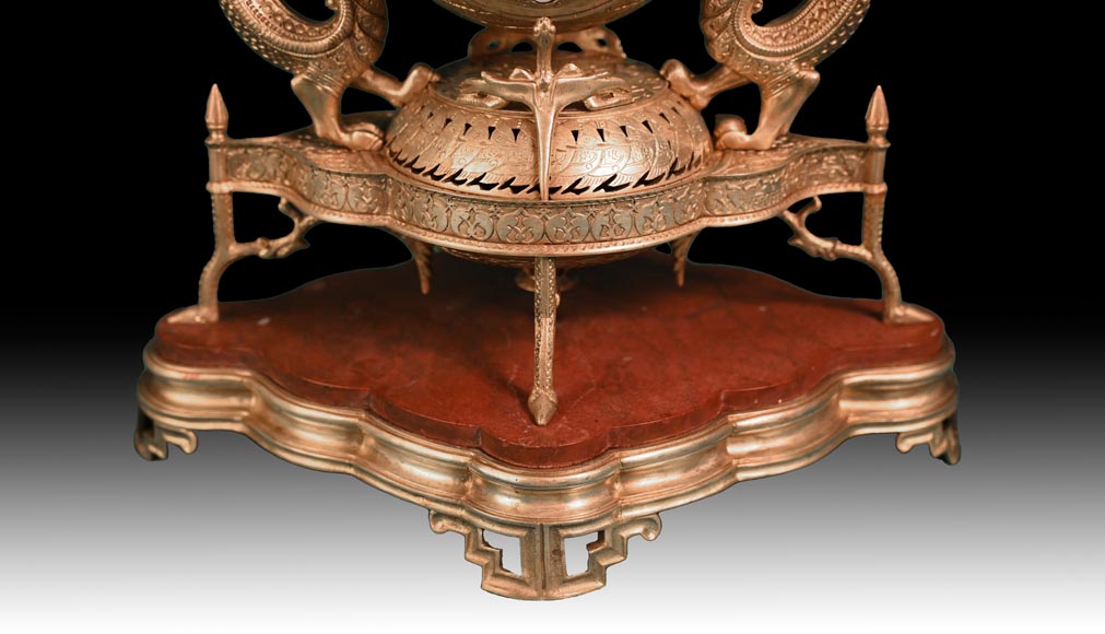 Victor GEOFFROY-DECHAUME (model), Auguste-Maximilien DELAFONTAINE (bronze caster), “Persian” Gilt Bronze Clock Set, circa 1852 Victor GEOFFROY-DECHAUME (model), Auguste-Maximilien DELAFONTAINE (bronze caster), “Persian” Gilt Bronze Clock Set, circa 1852-7