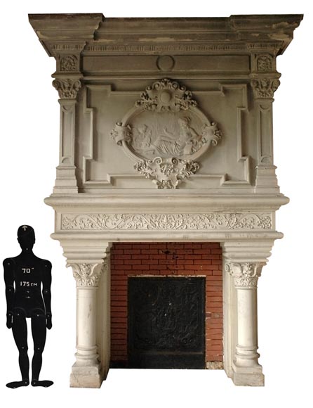 Monumental antique Neo-Renaissance style stone mantel coming from the Chateau of Montgeon Monumental antique Neo-Renaissance style stone mantel coming from the Chateau of Montgeon-0