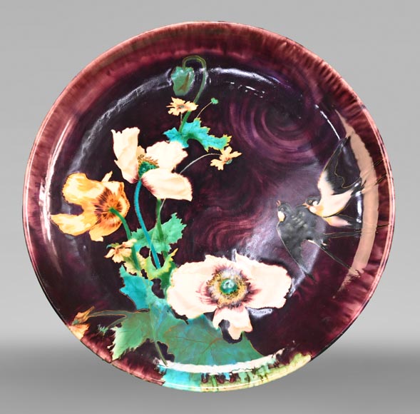 Théodore DECK, circular dish with eggplant base with swallows-0