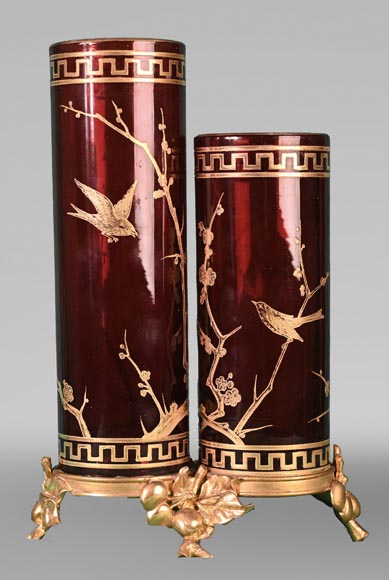 BACCARAT, Pair of Double Vases with Japanese-Style Decoration, circa 1880 BACCARAT, Pair of Double Vases with Japanese-Style Decoration, circa 1880-1