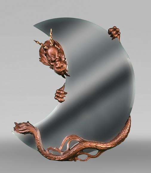 MARNYHAC House (attributed), Japanese-style crescent moon mirror decorated with a bronze dragon with a brown patina MARNYHAC House (attributed), Japanese-style crescent moon mirror decorated with a bronze dragon with a brown patina-0