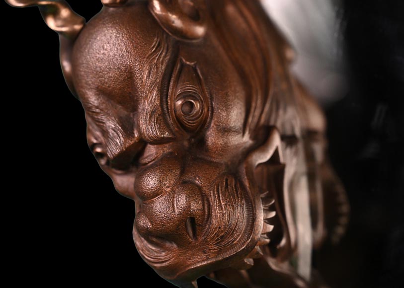 MARNYHAC House (attributed), Japanese-style crescent moon mirror decorated with a bronze dragon with a brown patina MARNYHAC House (attributed), Japanese-style crescent moon mirror decorated with a bronze dragon with a brown patina-2