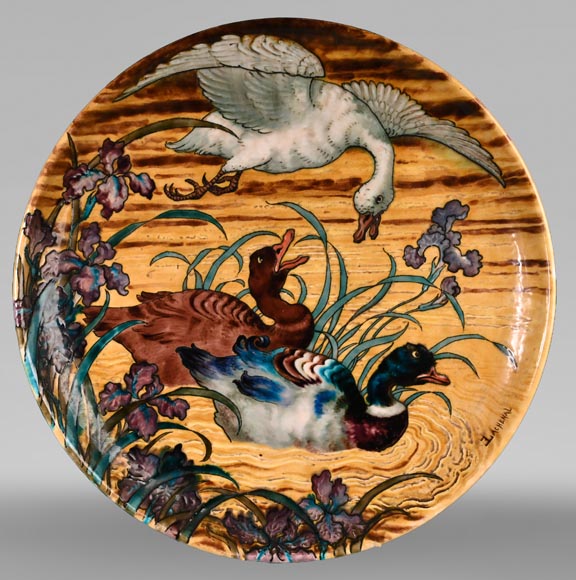 Edmond LACHENAL (painter), Théodore DECK (ceramist), Ornamental plate with Two Mallards Swimming Among Irises at Sunset, circa 1880 Edmond LACHENAL (painter), Théodore DECK (ceramist), Ornamental plate with Two Mallards Swimming Among Irises at Sunset, circa 1880-0