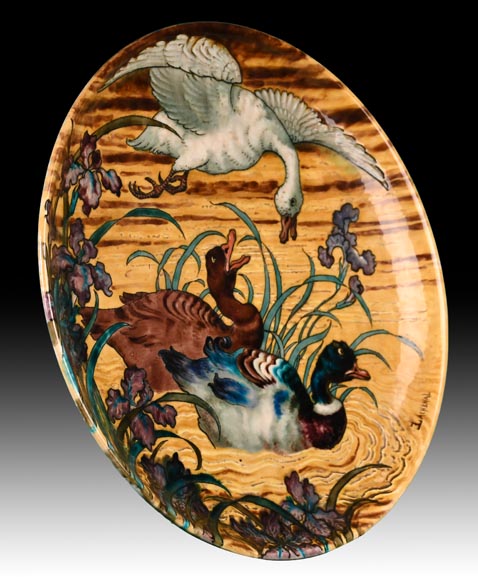 Edmond LACHENAL (painter), Théodore DECK (ceramist), Ornamental plate with Two Mallards Swimming Among Irises at Sunset, circa 1880 Edmond LACHENAL (painter), Théodore DECK (ceramist), Ornamental plate with Two Mallards Swimming Among Irises at Sunset, circa 1880-1