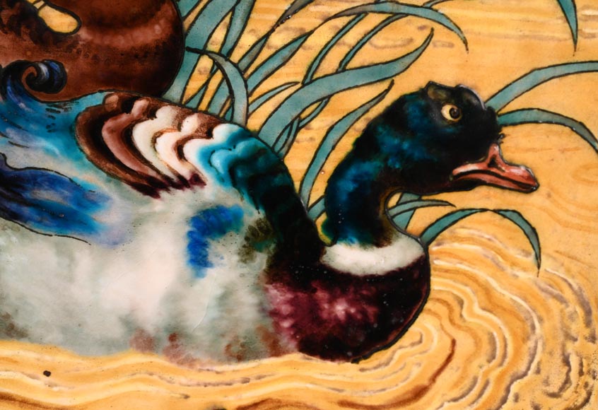 Edmond LACHENAL (painter), Théodore DECK (ceramist), Ornamental plate with Two Mallards Swimming Among Irises at Sunset, circa 1880 Edmond LACHENAL (painter), Théodore DECK (ceramist), Ornamental plate with Two Mallards Swimming Among Irises at Sunset, circa 1880-4