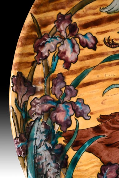 Edmond LACHENAL (painter), Théodore DECK (ceramist), Ornamental plate with Two Mallards Swimming Among Irises at Sunset, circa 1880 Edmond LACHENAL (painter), Théodore DECK (ceramist), Ornamental plate with Two Mallards Swimming Among Irises at Sunset, circa 1880-5