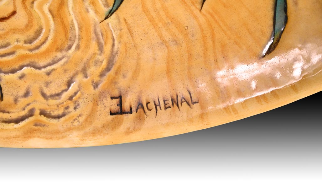 Edmond LACHENAL (painter), Théodore DECK (ceramist), Ornamental plate with Two Mallards Swimming Among Irises at Sunset, circa 1880 Edmond LACHENAL (painter), Théodore DECK (ceramist), Ornamental plate with Two Mallards Swimming Among Irises at Sunset, circa 1880-8