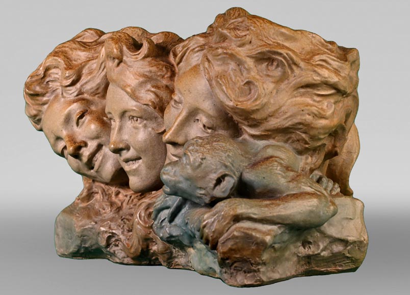 Georges ENGRAND and Émile MULLER, Planter with Three Faces of a Young Women and a Monkey, circa 1896 Georges ENGRAND and Émile MULLER, Planter with Three Faces of a Young Women and a Monkey, circa 1896-9