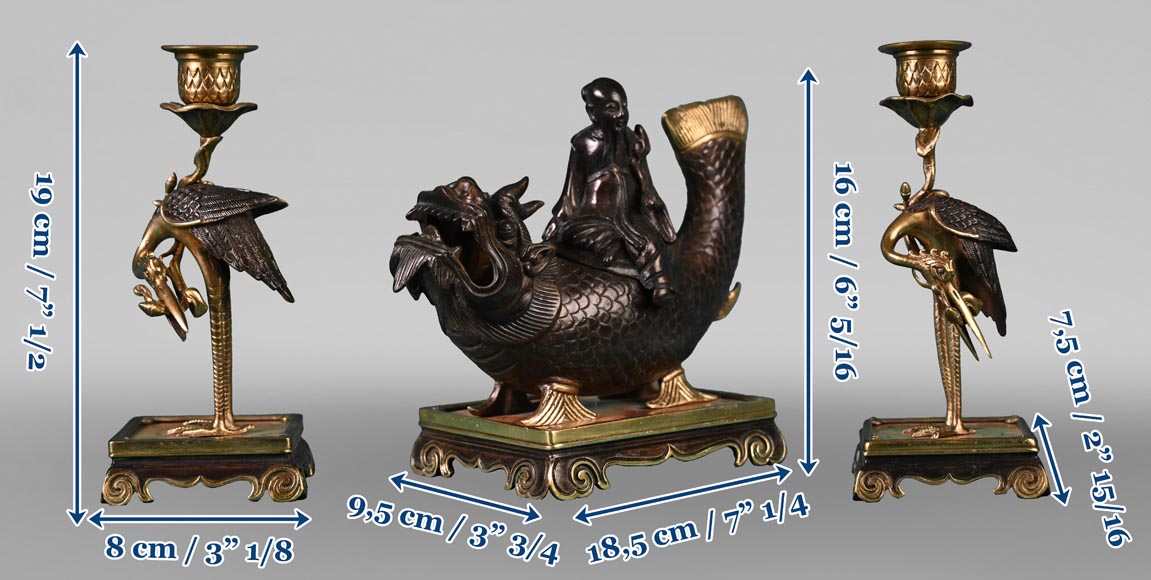 Ferdinand DUVINAGE (attributed to), Japanese-Style Set Consisting of an Inkwell and a Pair of Candlesticks, circa 1867-1874 Ferdinand DUVINAGE (attributed to), Japanese-Style Set Consisting of an Inkwell and a Pair of Candlesticks, circa 1867-1874-9