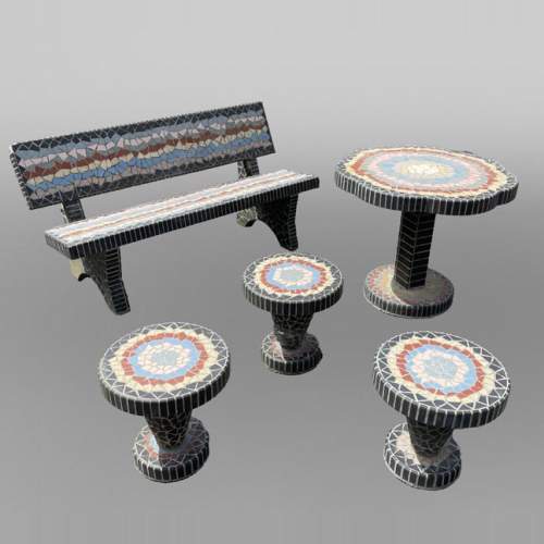 Garden furniture set with a table, three stools and a bench decorated with polychrome ceramic tiles, 1980s