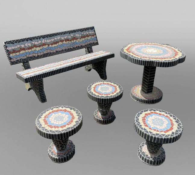 Garden furniture set with a table, three stools and a bench decorated with polychrome ceramic tiles, 1980s  Garden furniture set with a table, three stools and a bench decorated with polychrome ceramic tiles, 1980s-0