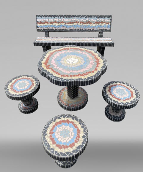 Garden furniture set with a table, three stools and a bench decorated with polychrome ceramic tiles, 1980s  Garden furniture set with a table, three stools and a bench decorated with polychrome ceramic tiles, 1980s-1
