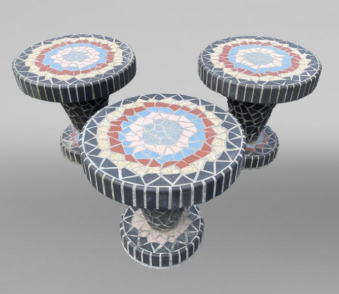 Garden furniture set with a table, three stools and a bench decorated with polychrome ceramic tiles, 1980s  Garden furniture set with a table, three stools and a bench decorated with polychrome ceramic tiles, 1980s-2