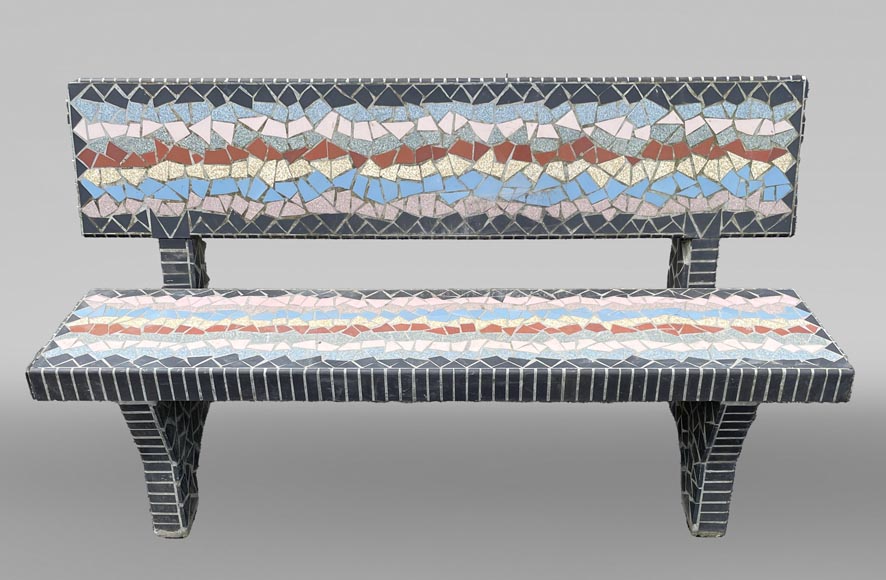 Garden furniture set with a table, three stools and a bench decorated with polychrome ceramic tiles, 1980s  Garden furniture set with a table, three stools and a bench decorated with polychrome ceramic tiles, 1980s-4
