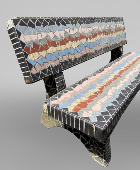 Garden furniture set with a table, three stools and a bench decorated with polychrome ceramic tiles, 1980s  Garden furniture set with a table, three stools and a bench decorated with polychrome ceramic tiles, 1980s-5