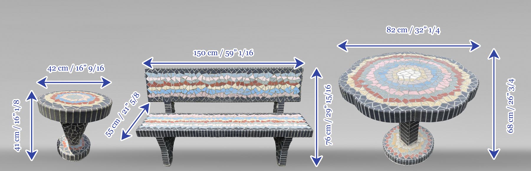 Garden furniture set with a table, three stools and a bench decorated with polychrome ceramic tiles, 1980s  Garden furniture set with a table, three stools and a bench decorated with polychrome ceramic tiles, 1980s-8