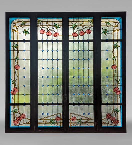 Large Napoleon III stained glass window with rose decorations Large Napoleon III stained glass window with rose decorations-0