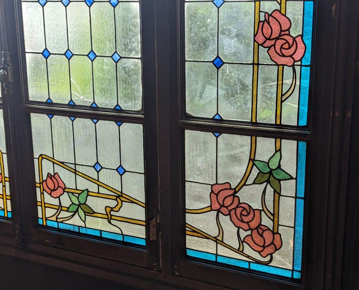 Large Napoleon III stained glass window with rose decorations Large Napoleon III stained glass window with rose decorations-5