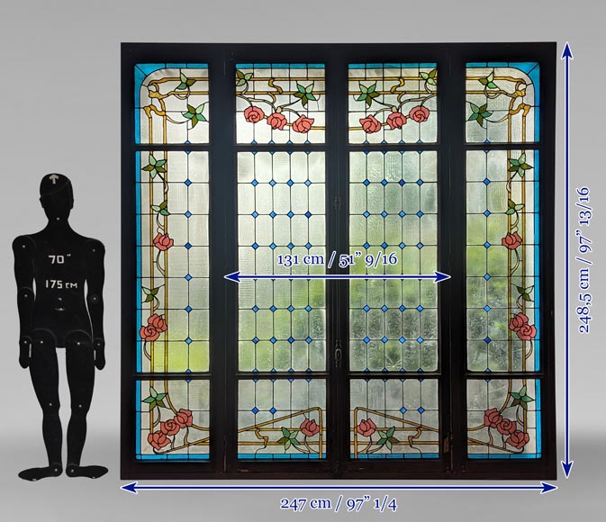 Large Napoleon III stained glass window with rose decorations Large Napoleon III stained glass window with rose decorations-12
