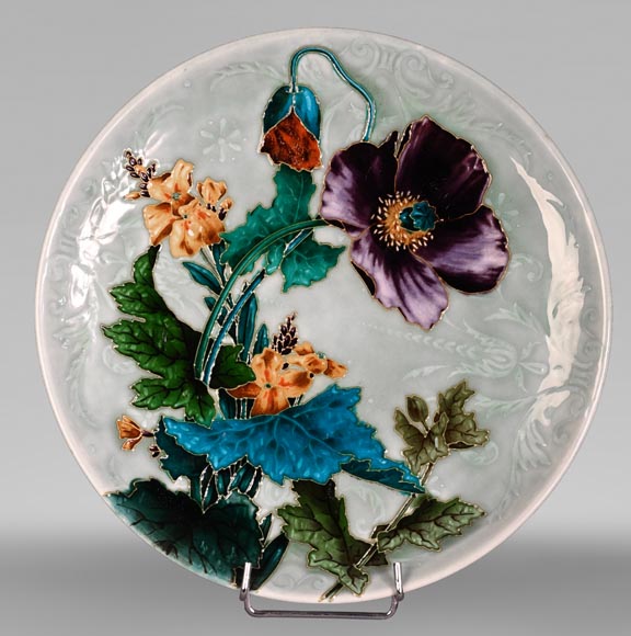 Théodore DECK, Decorative Dish in Glazed Ceramic with Poppy Flowers Théodore DECK, Decorative Dish in Glazed Ceramic with Poppy Flowers-0