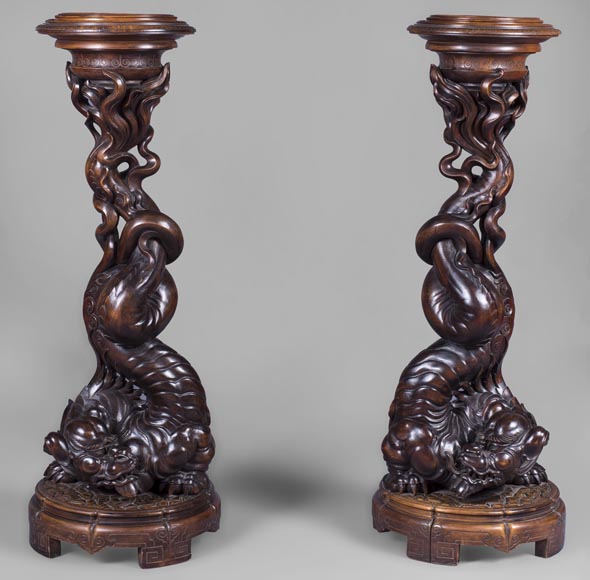 Maison des Bambous by Perret and Vibert (att. to) - Japonese style pair of sellettes with dragons decor Maison des Bambous by Perret and Vibert (att. to) - Japonese style pair of sellettes with dragons decor-0