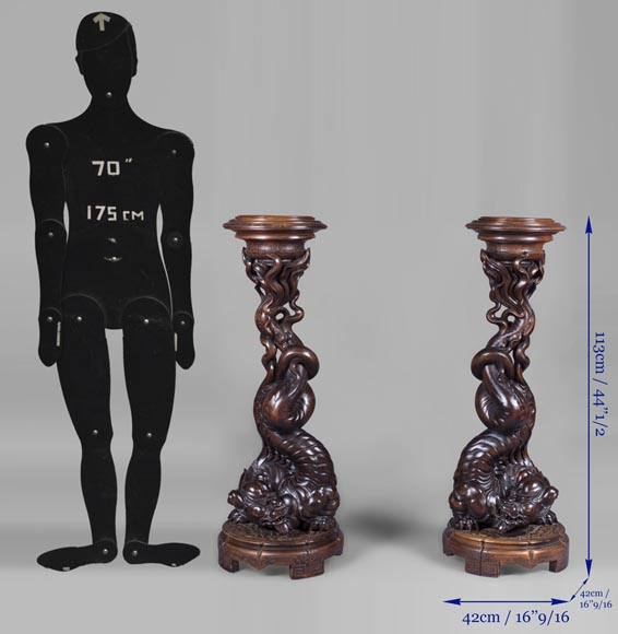 Maison des Bambous by Perret and Vibert (att. to) - Japonese style pair of sellettes with dragons decor Maison des Bambous by Perret and Vibert (att. to) - Japonese style pair of sellettes with dragons decor-11