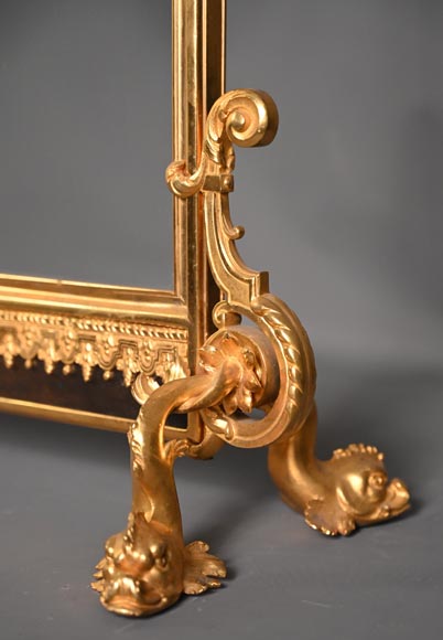 Napoleon III style fireback with woman's mask and garland of flowers in gilded bronze and glass. Napoleon III style fireback with woman's mask and garland of flowers in gilded bronze and glass.-8