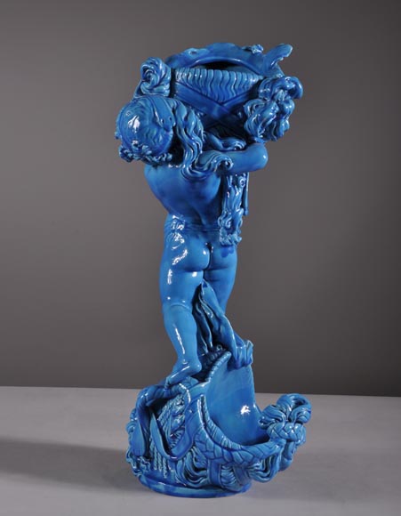 Joseph Chéret (1838 - 1894) for the Manufactory of Sèvres "Putto with greek masks" Coin tray made in faience with a blue glaze Joseph Chéret (1838 - 1894) for the Manufactory of Sèvres "Putto with greek masks" Coin tray made in faience with a blue glaze-2