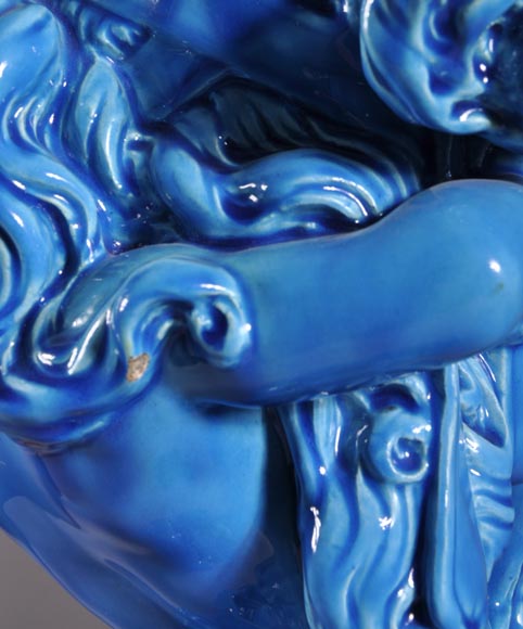 Joseph Chéret (1838 - 1894) for the Manufactory of Sèvres "Putto with greek masks" Coin tray made in faience with a blue glaze Joseph Chéret (1838 - 1894) for the Manufactory of Sèvres "Putto with greek masks" Coin tray made in faience with a blue glaze-8