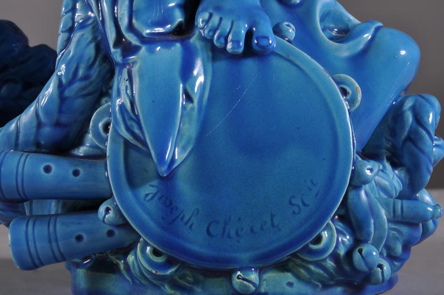 Joseph Chéret (1838 - 1894) for the Manufactory of Sèvres "Putto with greek masks" Coin tray made in faience with a blue glaze Joseph Chéret (1838 - 1894) for the Manufactory of Sèvres "Putto with greek masks" Coin tray made in faience with a blue glaze-9