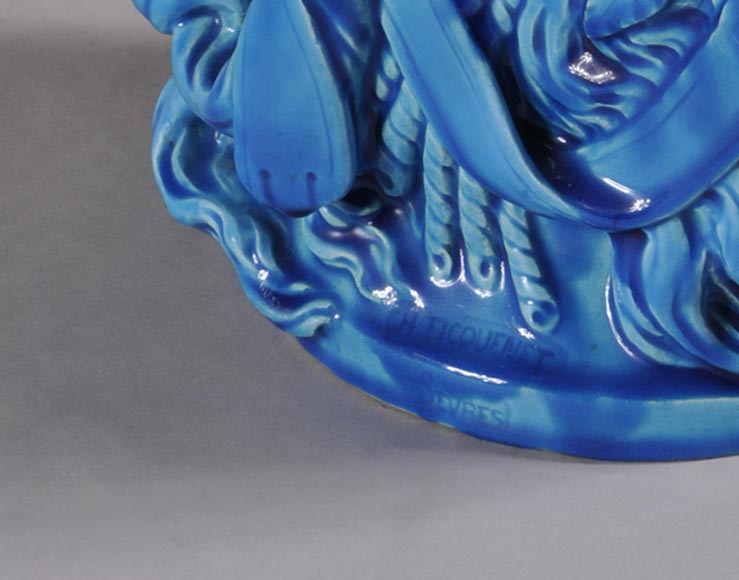 Joseph Chéret (1838 - 1894) for the Manufactory of Sèvres "Putto with greek masks" Coin tray made in faience with a blue glaze Joseph Chéret (1838 - 1894) for the Manufactory of Sèvres "Putto with greek masks" Coin tray made in faience with a blue glaze-10