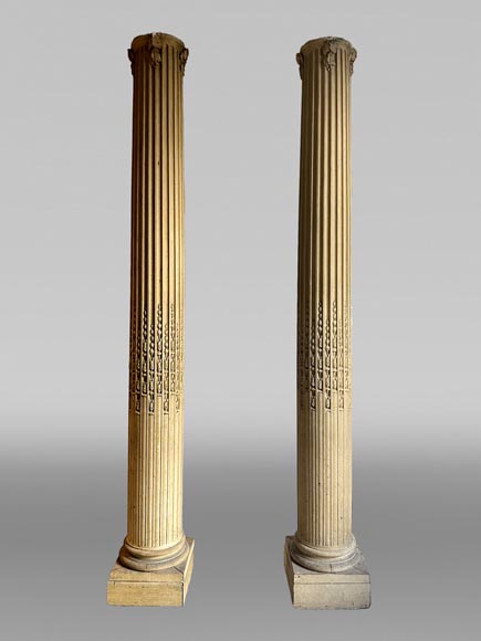 Pair of columns with oak leaves in carved wood and stucco, late 19th century Pair of columns with oak leaves in carved wood and stucco, late 19th century-1